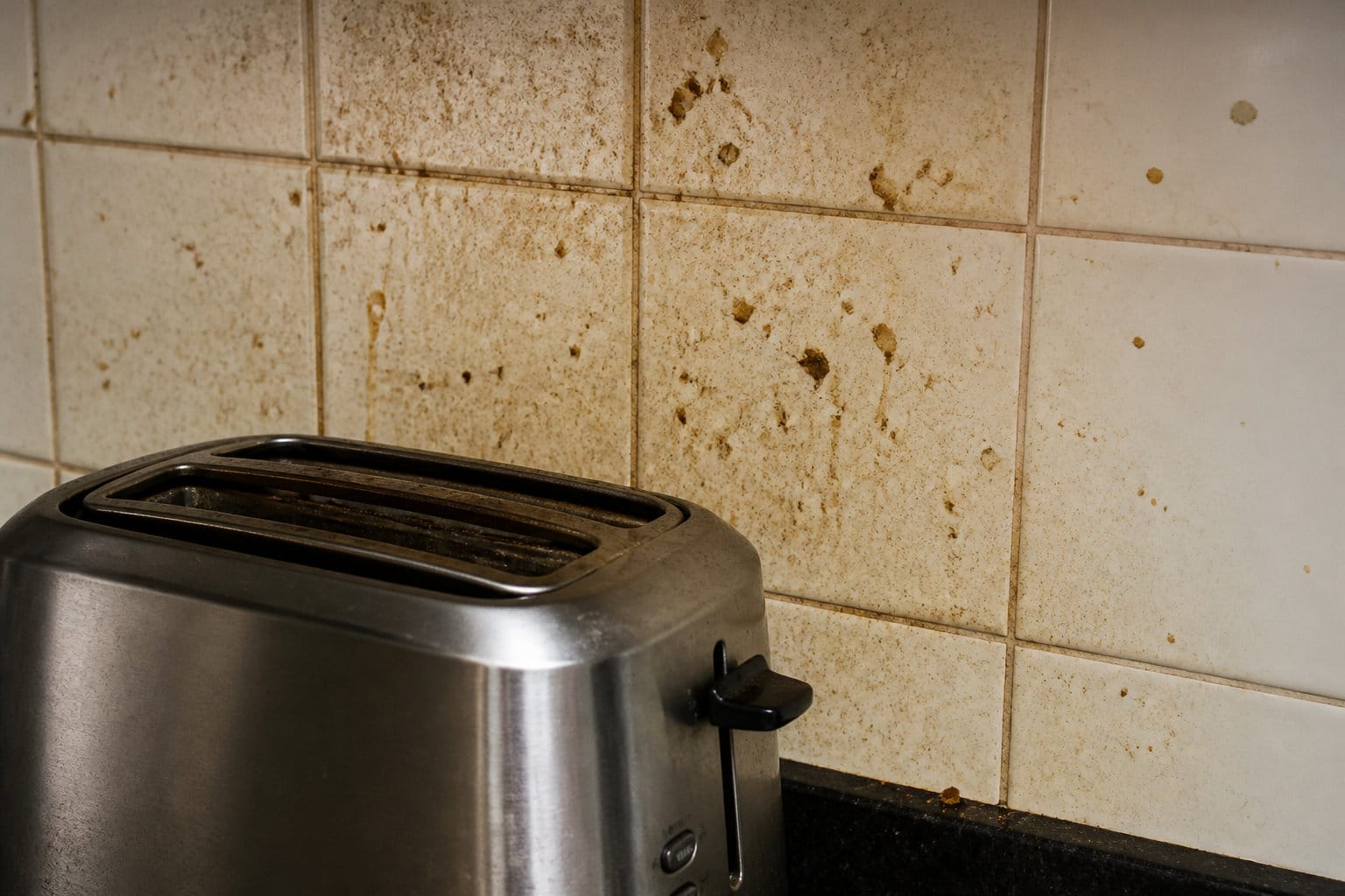 Crédence de cuisine grasse derrière un grille-pain, zone qui attire les cafards